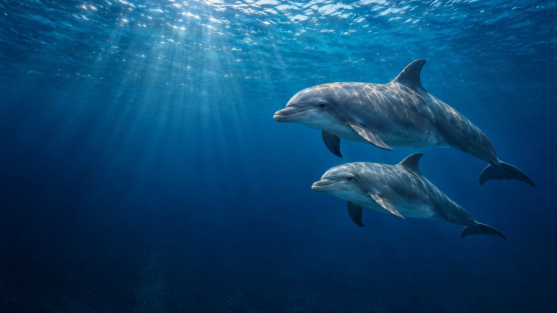 Original illustration of dolphins swimming in a sunlit open ocean
