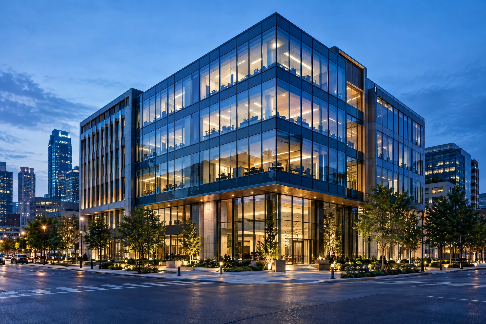 Modern glass commercial office building at dusk