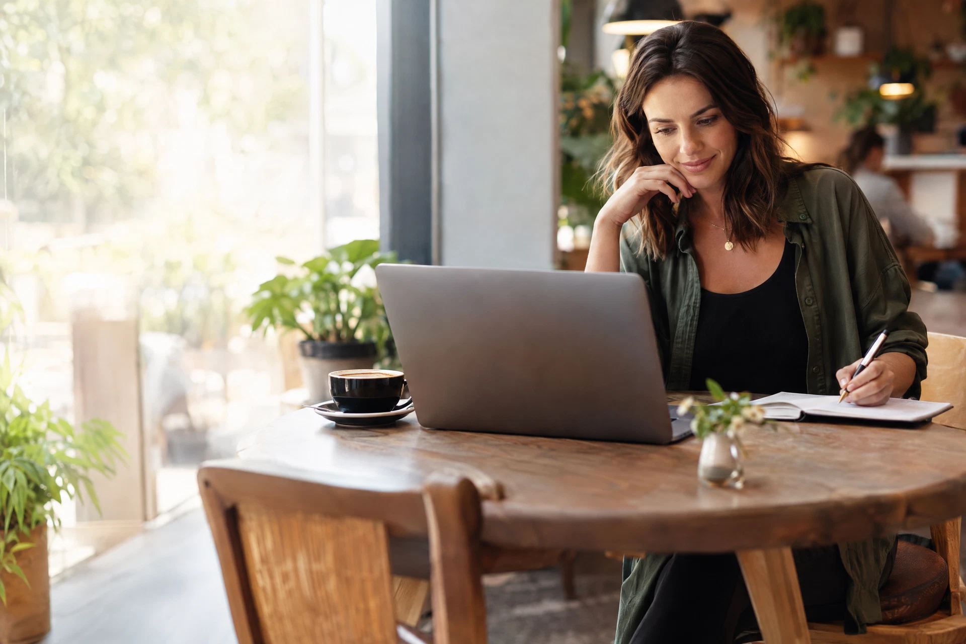 Illustrative small business owner working at a cafe